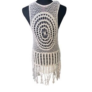 Its pink crochet fringe boho knitted long vest tan cream retro hippie medium